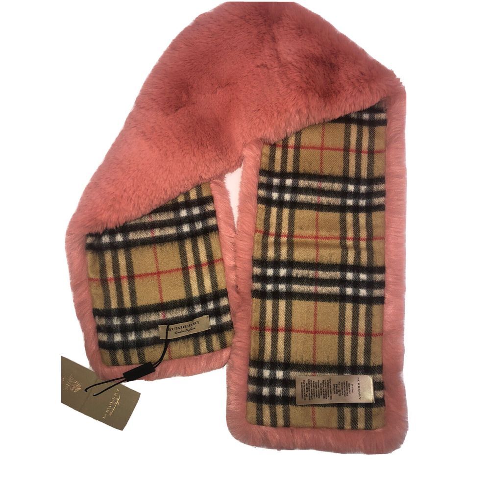 Burberry Vintage Check Cashmere Solid Pale Pink Faux Fur Scarf Italy New‎